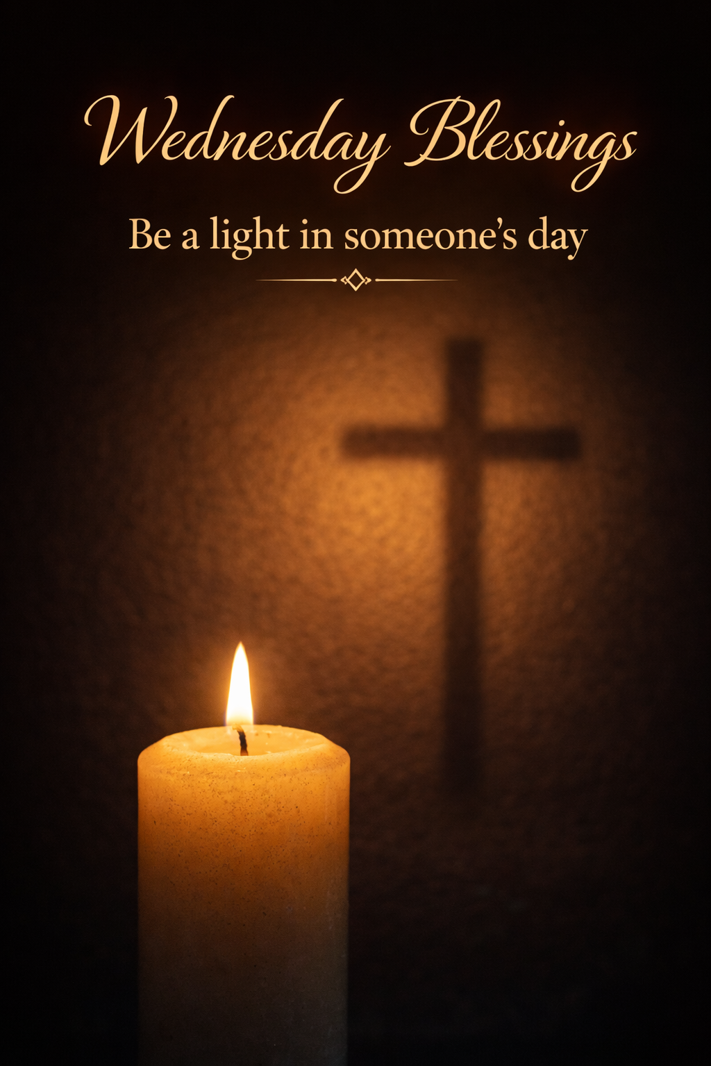 Lit candle in darkness with cross shadow on wall, "Wednesday Blessings — Be a light in someone's day" in warm gold — midweek WhatsApp blessing
